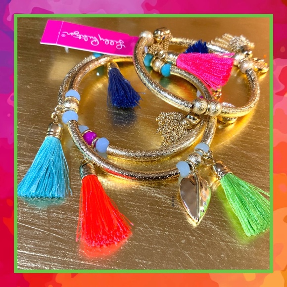 LILLY PULITZER NWT 3 pc BOHO GOLD TASSEL BRACELET TRIO - STRETCH - STACK - Picture 2 of 10